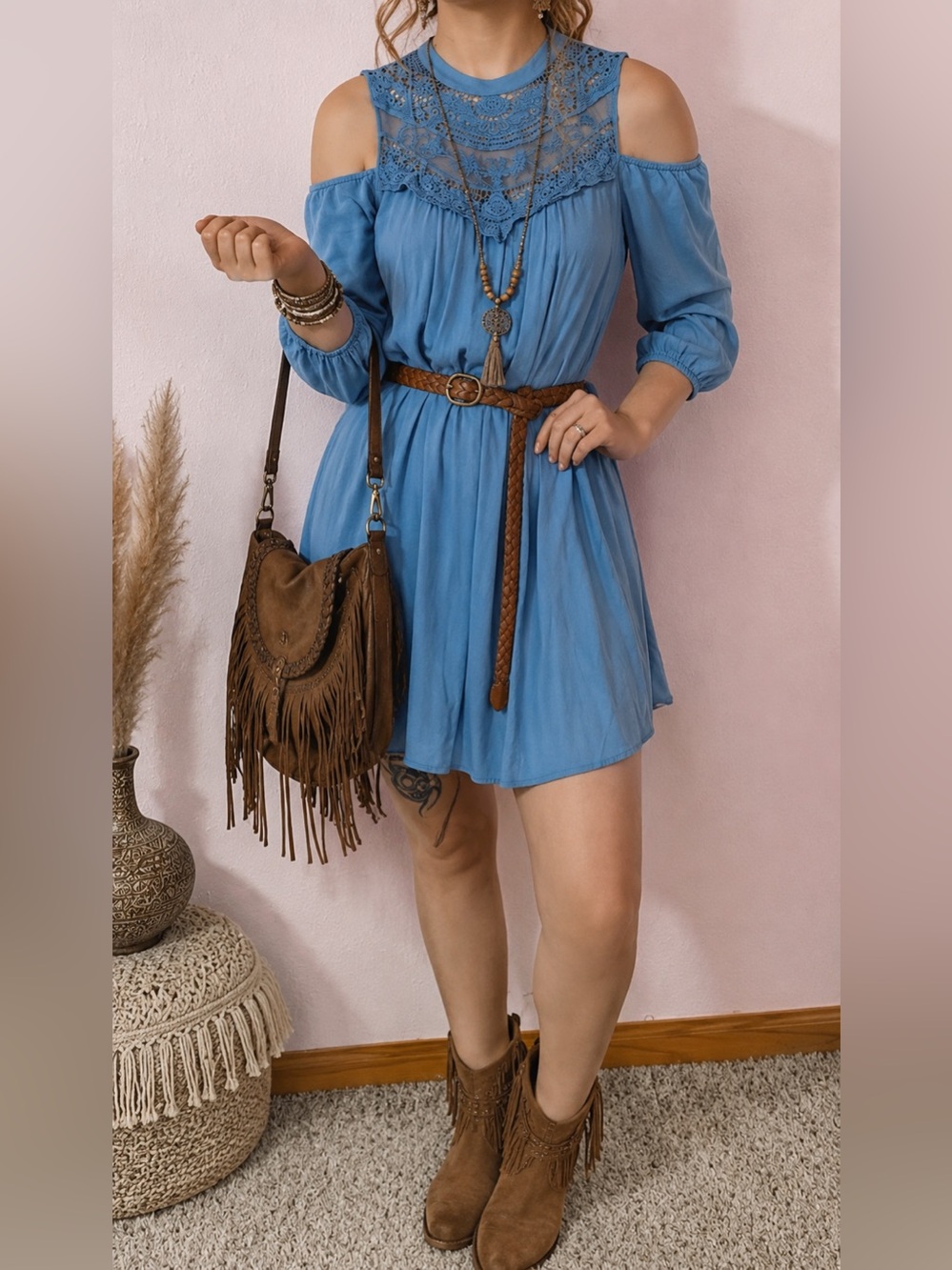 AS U WISH Blue Cold Shoulder Lace Mock Neck Swing Trapeze Dress Size S